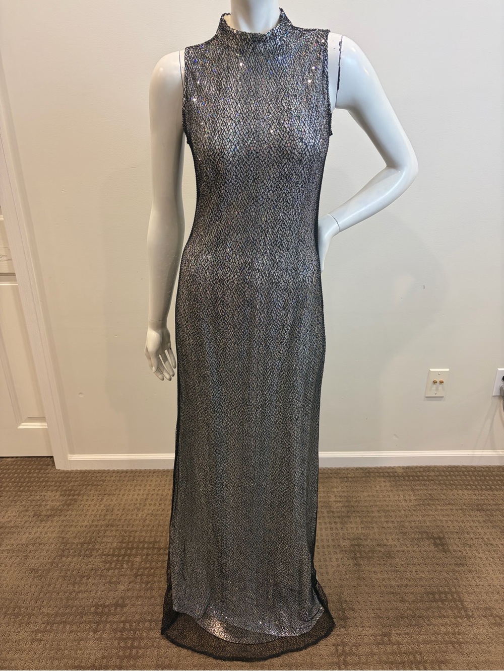 VINTAGE REGGIO Black Mesh Fishnet Silver Sparkly High Neck Maxi Dress Gown